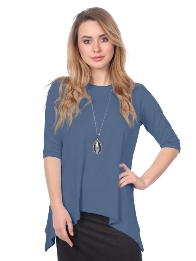 Modest Handkerchief Tunic Top - 3/4 Sleeve Comfort Flow Design by Kosher Casual USA