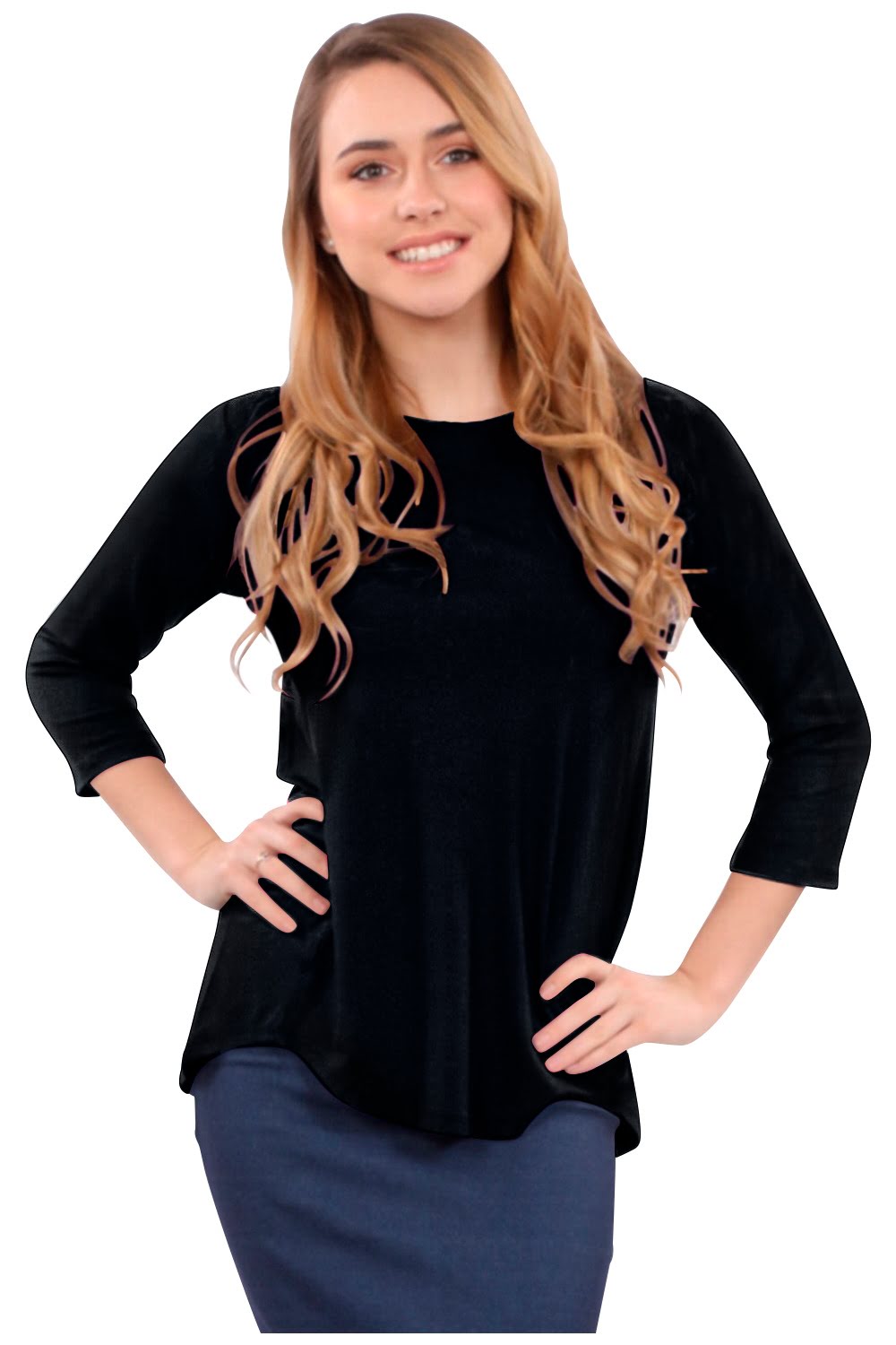 3/4 Sleeve Curved Hem Tunic Top - Breathable Viscose Spandex by Kosher Casual USA