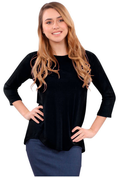 3/4 Sleeve Curved Hem Tunic Top - Breathable Viscose Spandex by Kosher Casual USA