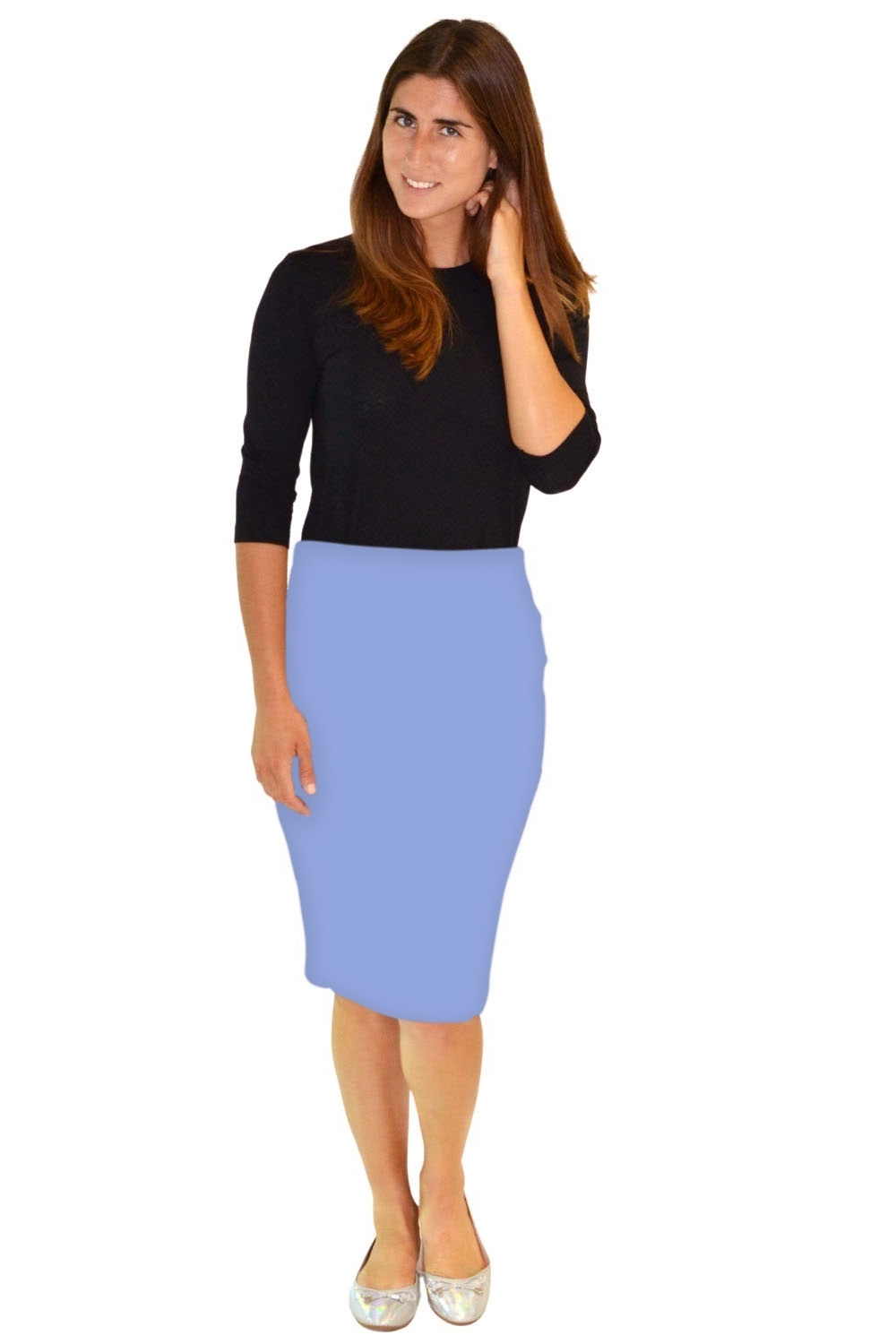 Modest Stretch Knee Length Pencil Skirt in Cotton Spandex by Kosher Casual USA