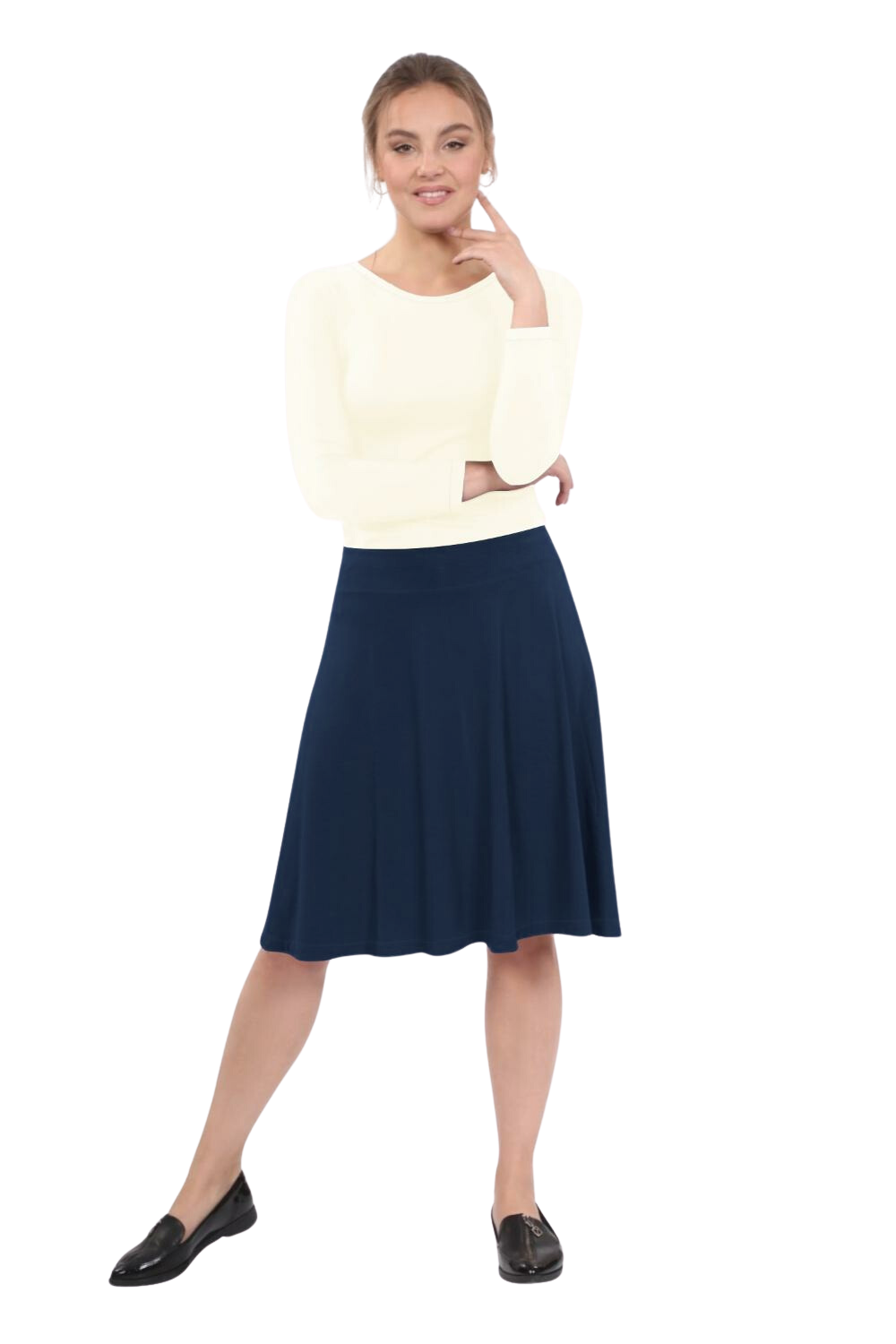 Knee Length A-Line Skater Skirt with Full Elastic Waist by Kosher Casual USA