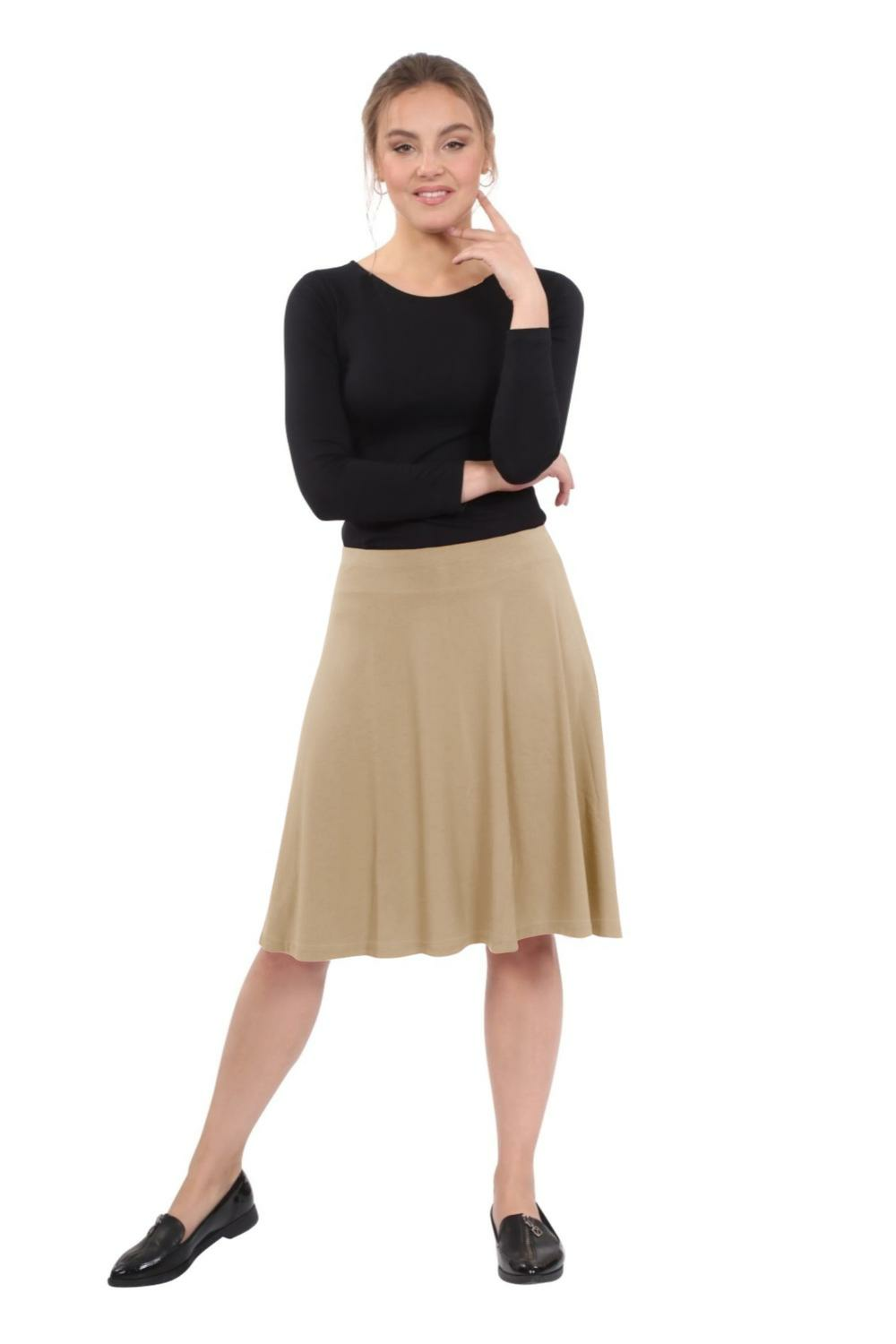 Knee Length A-Line Skater Skirt with Full Elastic Waist by Kosher Casual USA