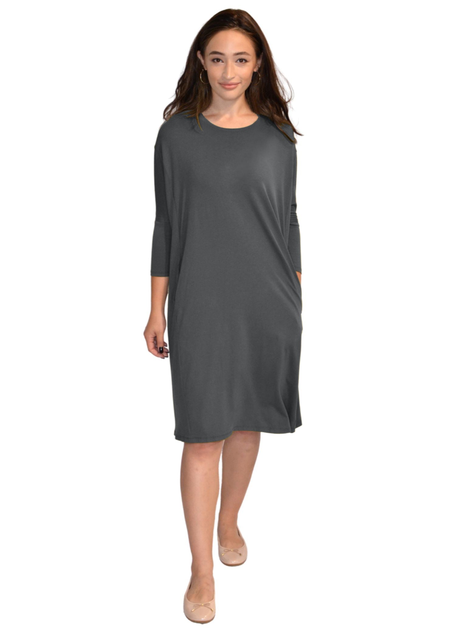 Relaxed Fit Modest 3/4 Sleeve Knee-Length Dress with Pockets by Kosher Casual USA