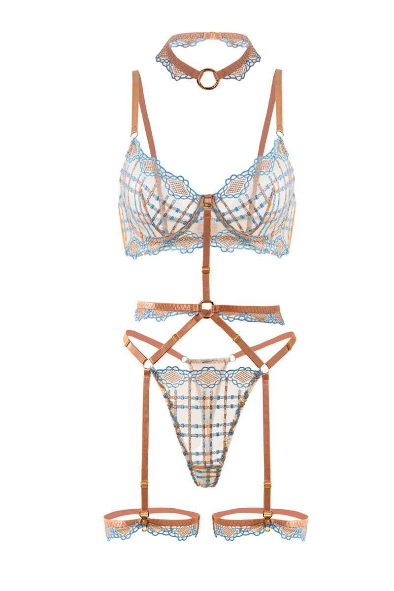 Sophia Blue &amp; Beige Plaid Lingerie Set