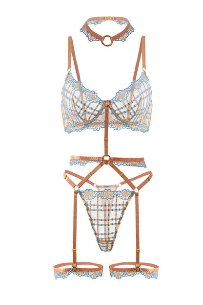 Sophia Blue &amp; Beige Plaid Lingerie Set