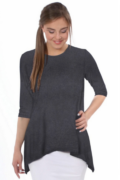 Modest Handkerchief Tunic Top - 3/4 Sleeve Comfort Flow Design by Kosher Casual USA