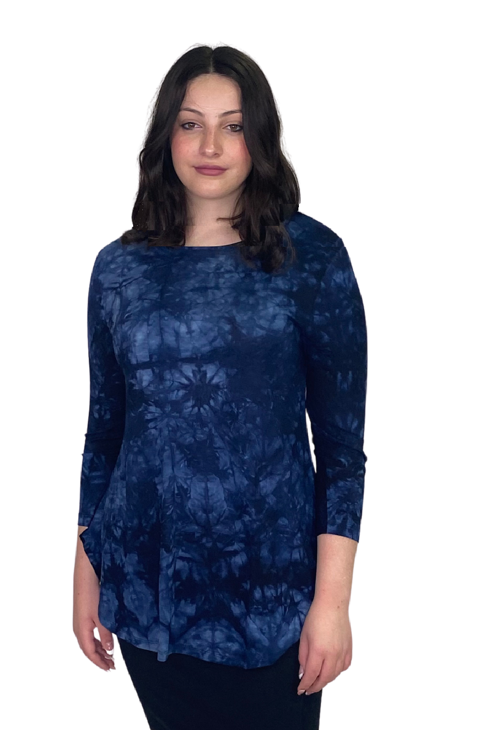Curved Side Hem Tunic with 3/4 Sleeves and Modest Crew Neckline by Kosher Casual USA