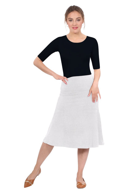 Sleek A-Line Adjustable Waist Midi Skirt with Fold-Over Waistband by Kosher Casual USA