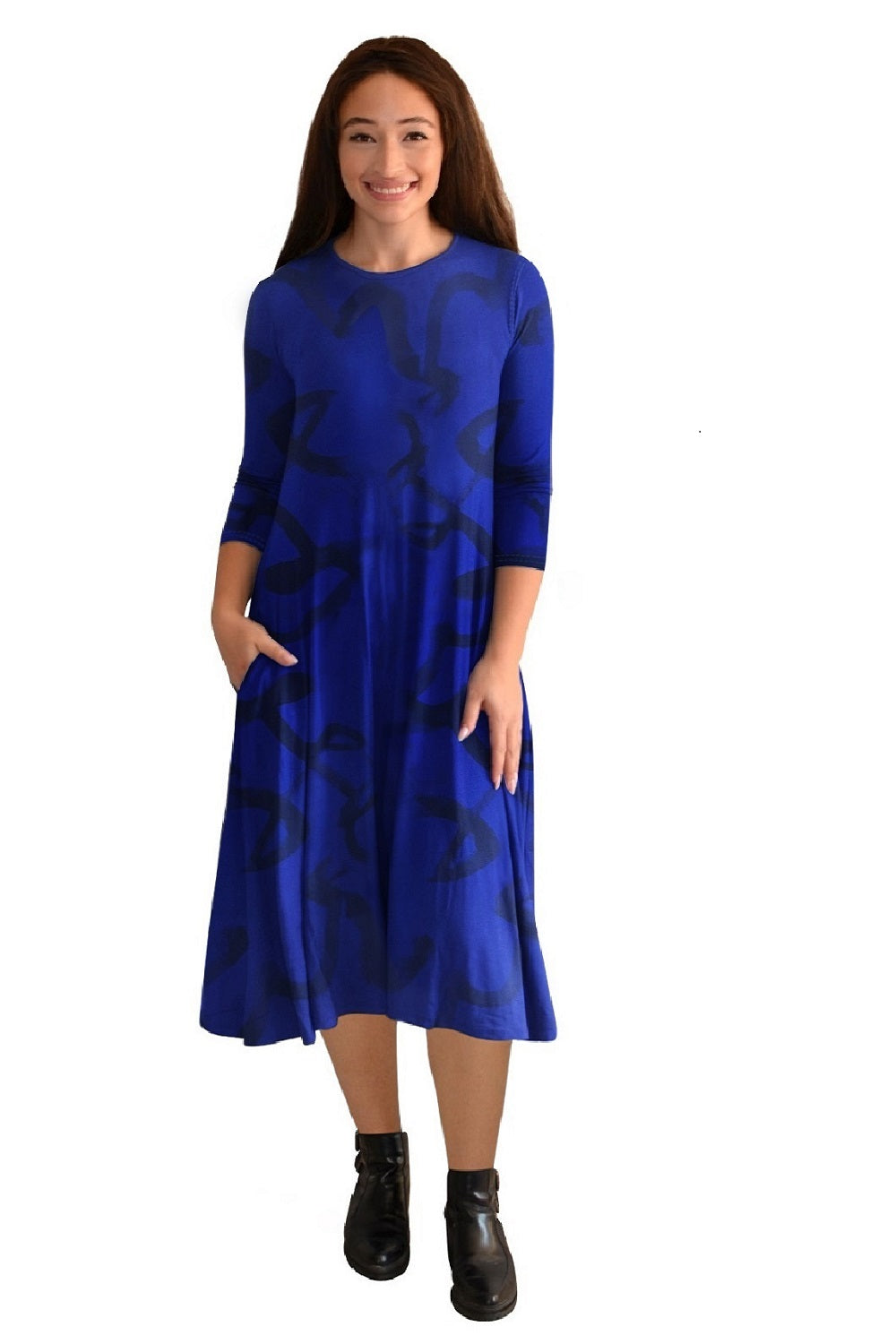 Mid-Calf 3/4 Sleeve Swing Dress with Pockets by Kosher Casual USA