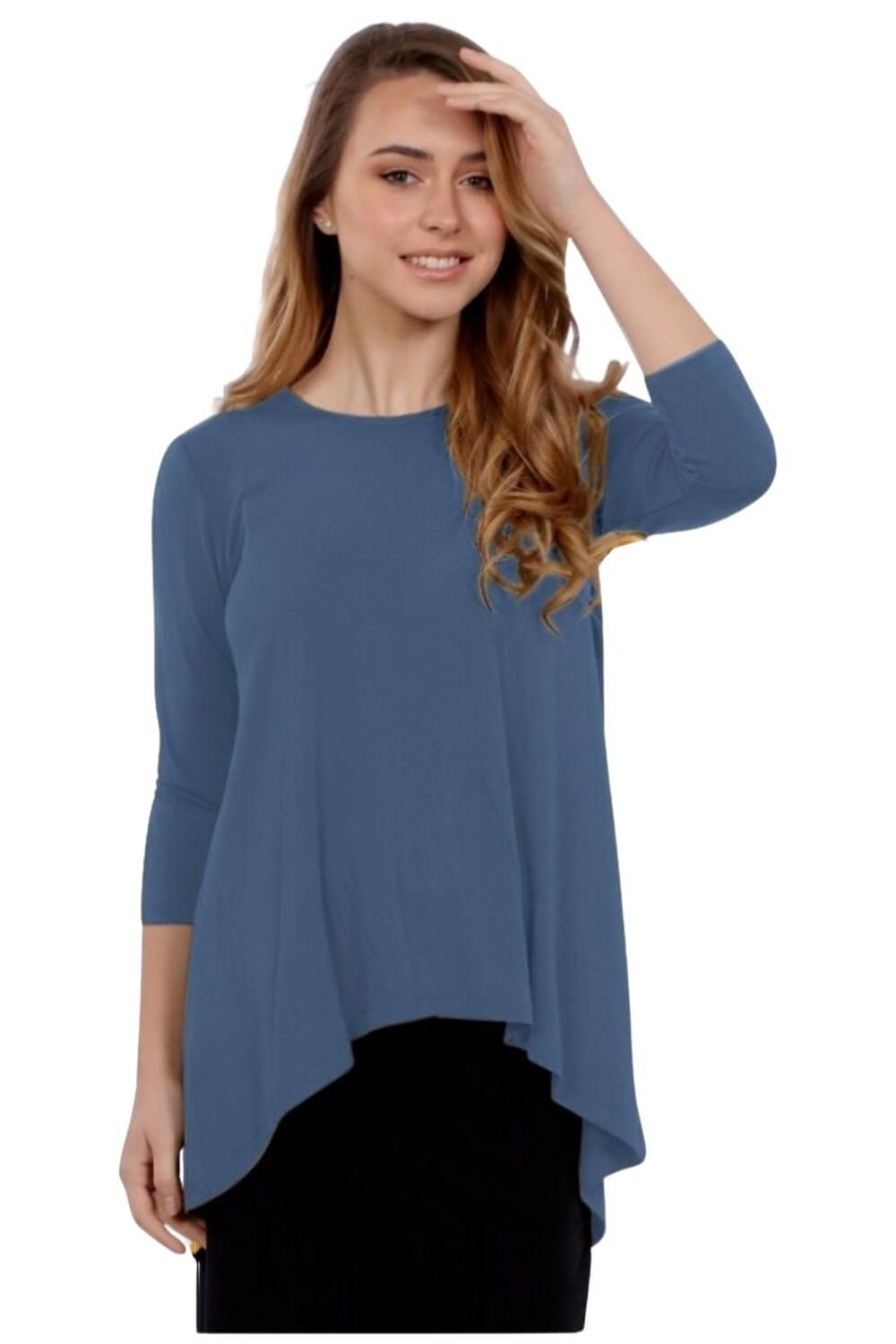 Hi-Lo Flowing 3/4 Sleeve Modest Tunic Top by Kosher Casual USA