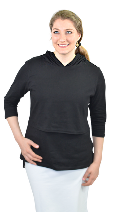 3/4 Sleeve Cotton Nursing Hoodie - Comfortable Double-Layer Tunic Top by Kosher Casual USA