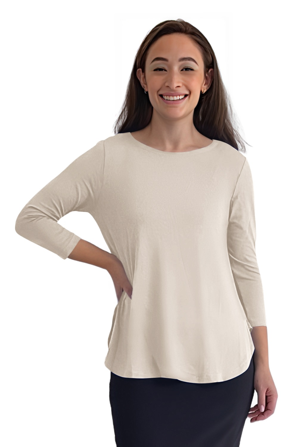 Curved Side Hem Tunic with 3/4 Sleeves and Modest Crew Neckline by Kosher Casual USA