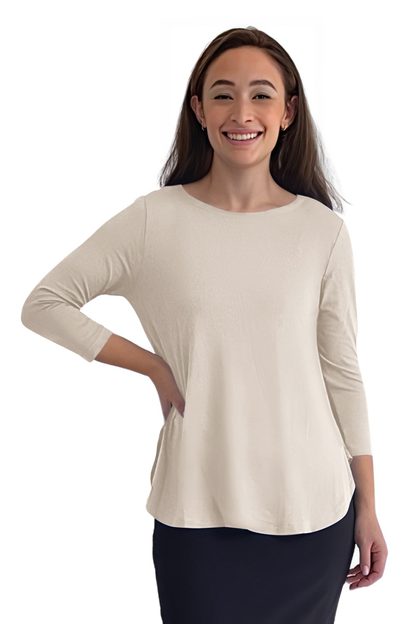 Curved Side Hem Tunic with 3/4 Sleeves and Modest Crew Neckline by Kosher Casual USA