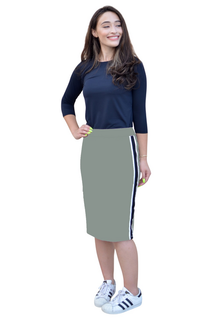 Sporty Side Stripe French Terry Knee-Length Skirt in Cotton Spandex by Kosher Casual USA