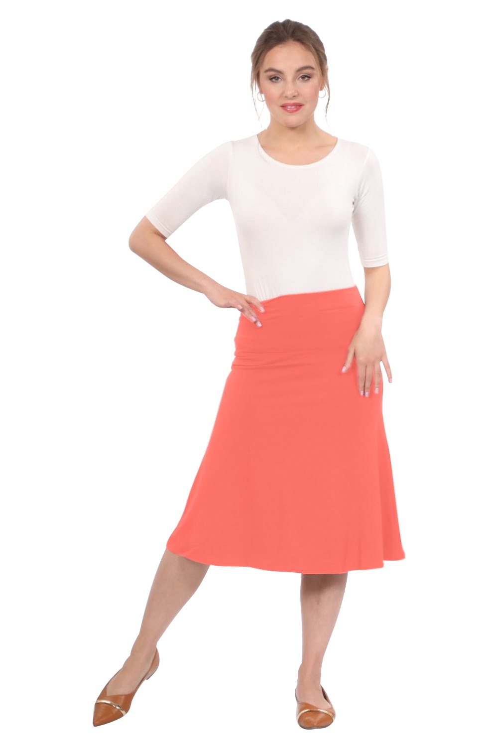 Sleek A-Line Adjustable Waist Midi Skirt with Fold-Over Waistband by Kosher Casual USA