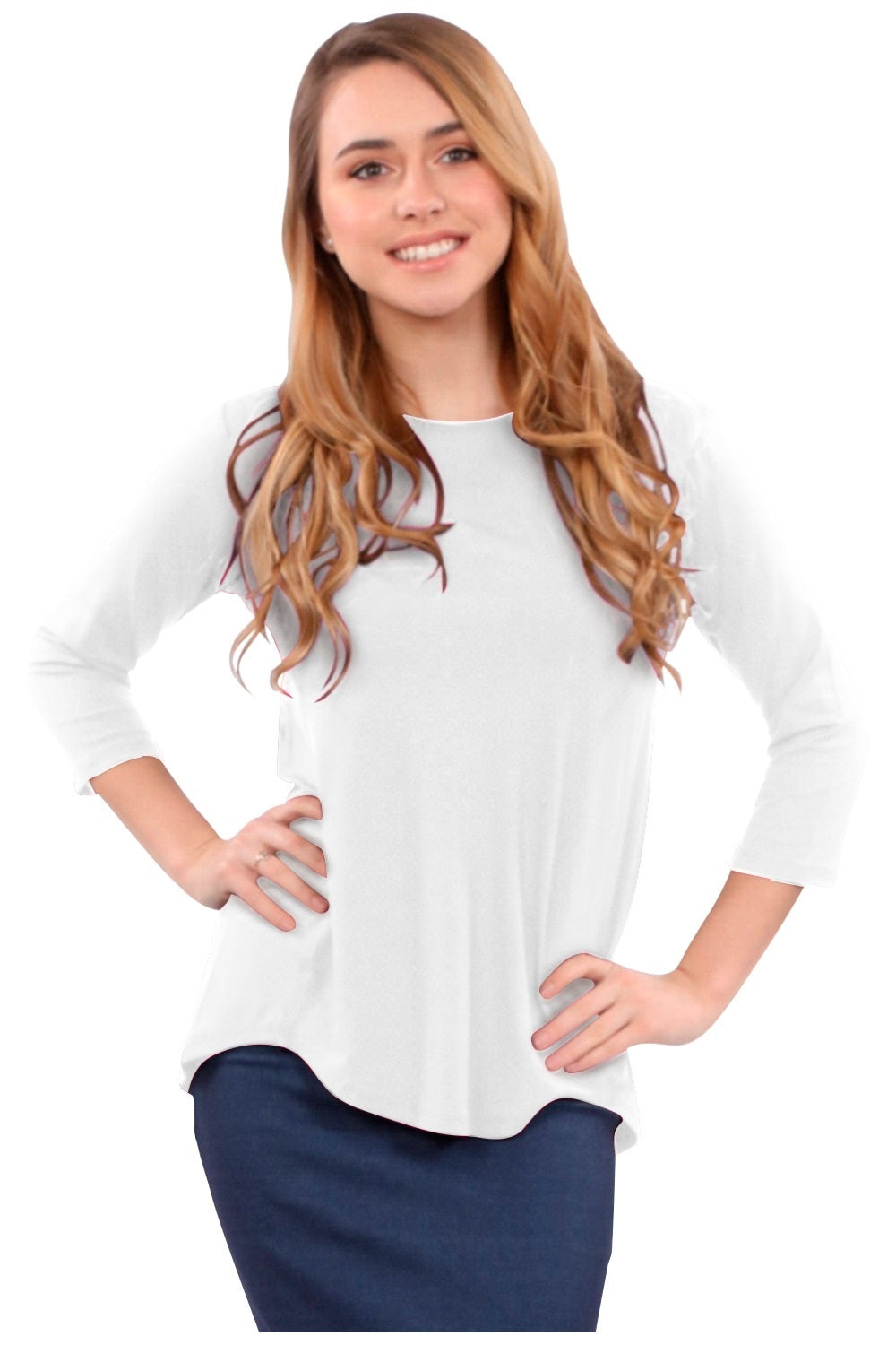 3/4 Sleeve Curved Hem Tunic Top - Breathable Viscose Spandex by Kosher Casual USA