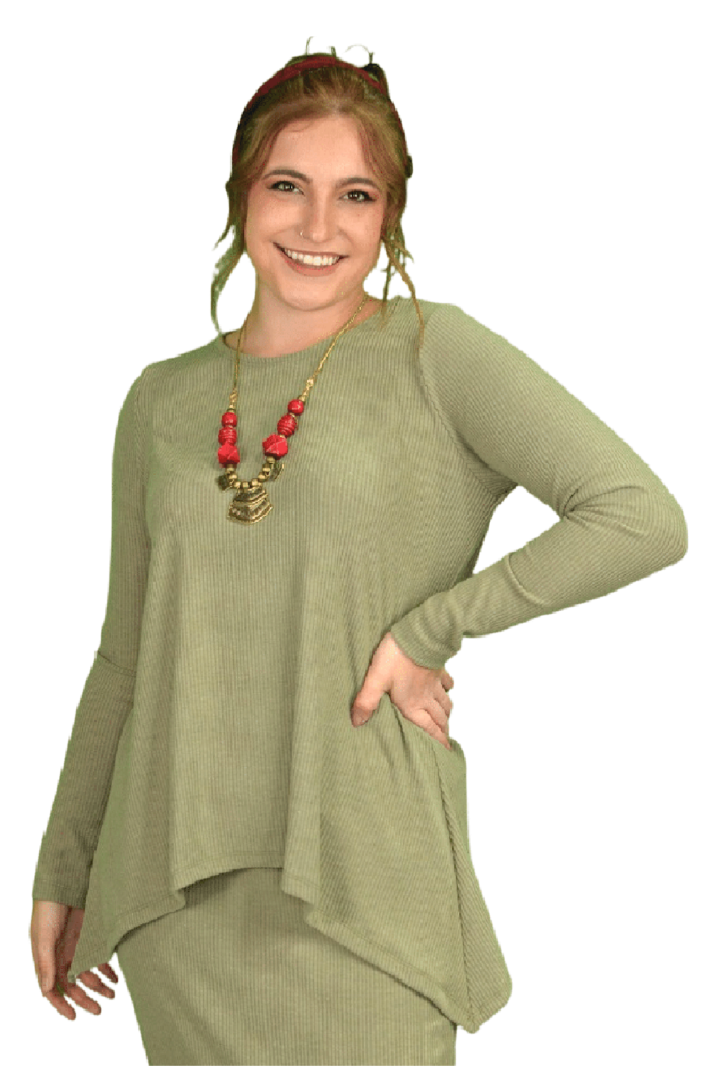 Long Sleeve Ribbed Sweater Tunic with Handkerchief Hem by Kosher Casual USA