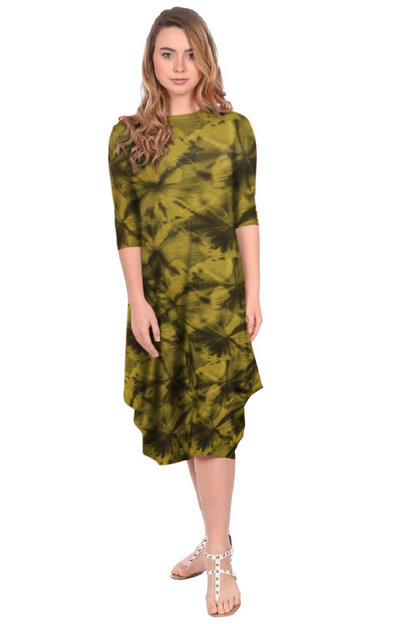 Flowing Midi Dress with 3/4 Sleeves and Dramatic Drape by Kosher Casual USA