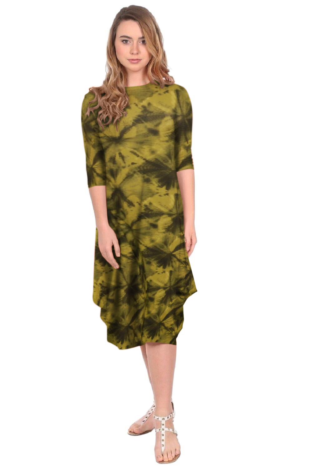 Flowing Midi Dress with 3/4 Sleeves and Dramatic Drape by Kosher Casual USA