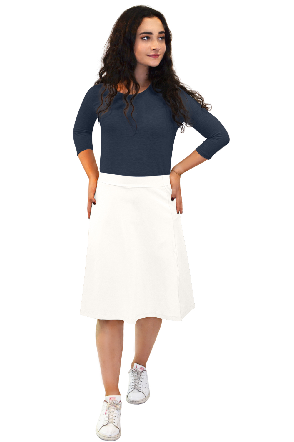 Classic A-Line Knee Length Cotton Stretch Skirt - Modest Everyday Comfort by Kosher Casual USA
