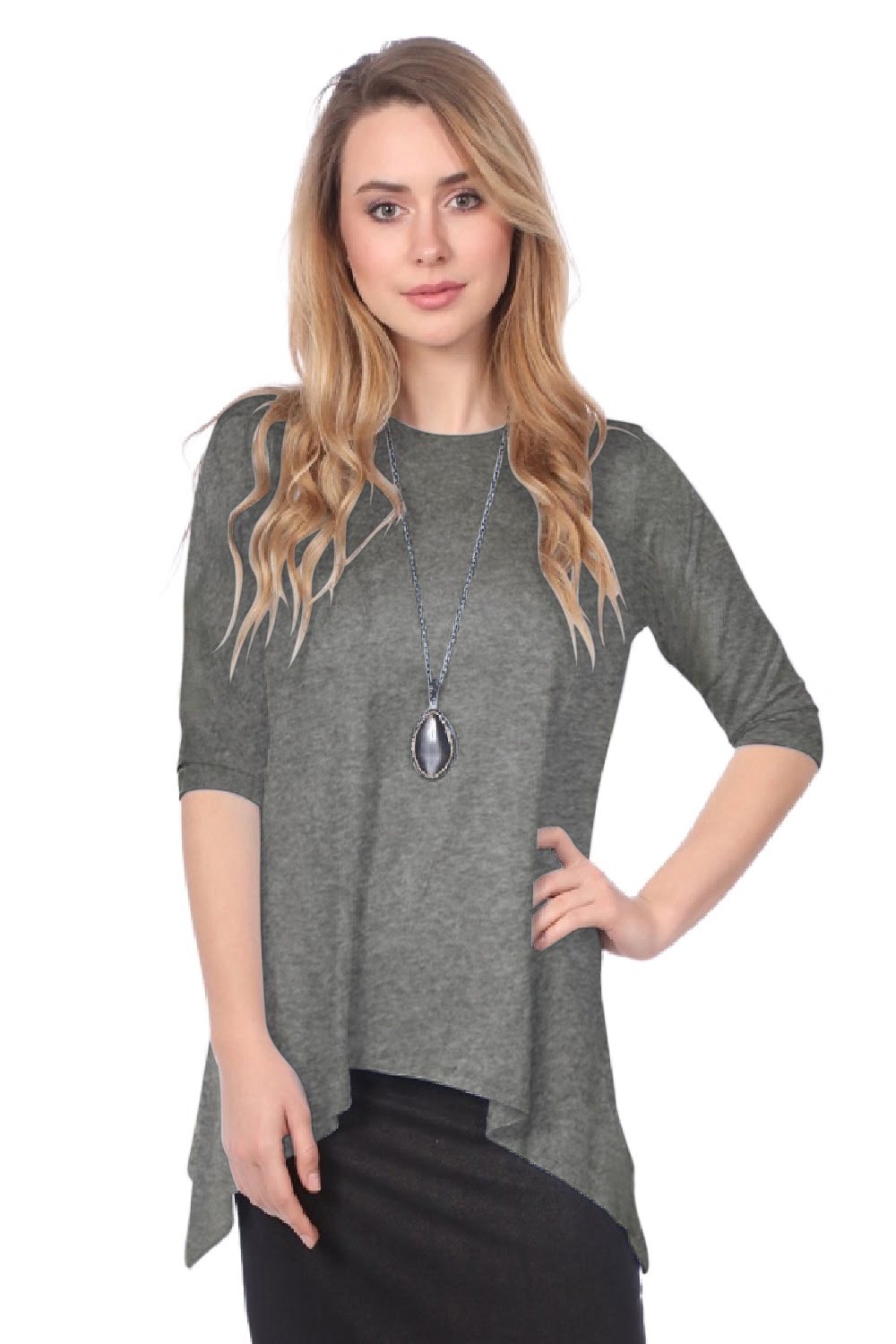 Modest Handkerchief Tunic Top - 3/4 Sleeve Comfort Flow Design by Kosher Casual USA