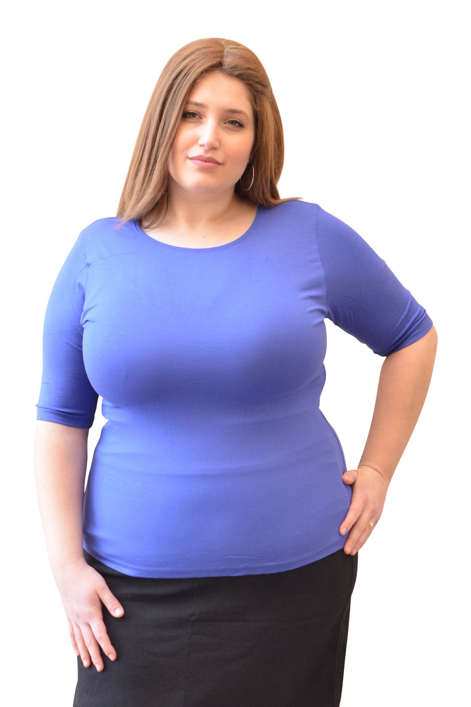 Plus Size Fitted Layering Shell - Modest Round Neck with Elbow Sleeves by Kosher Casual USA
