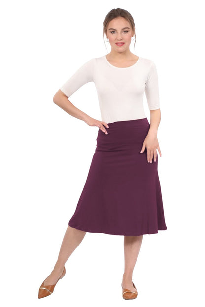 Sleek A-Line Adjustable Waist Midi Skirt with Fold-Over Waistband by Kosher Casual USA