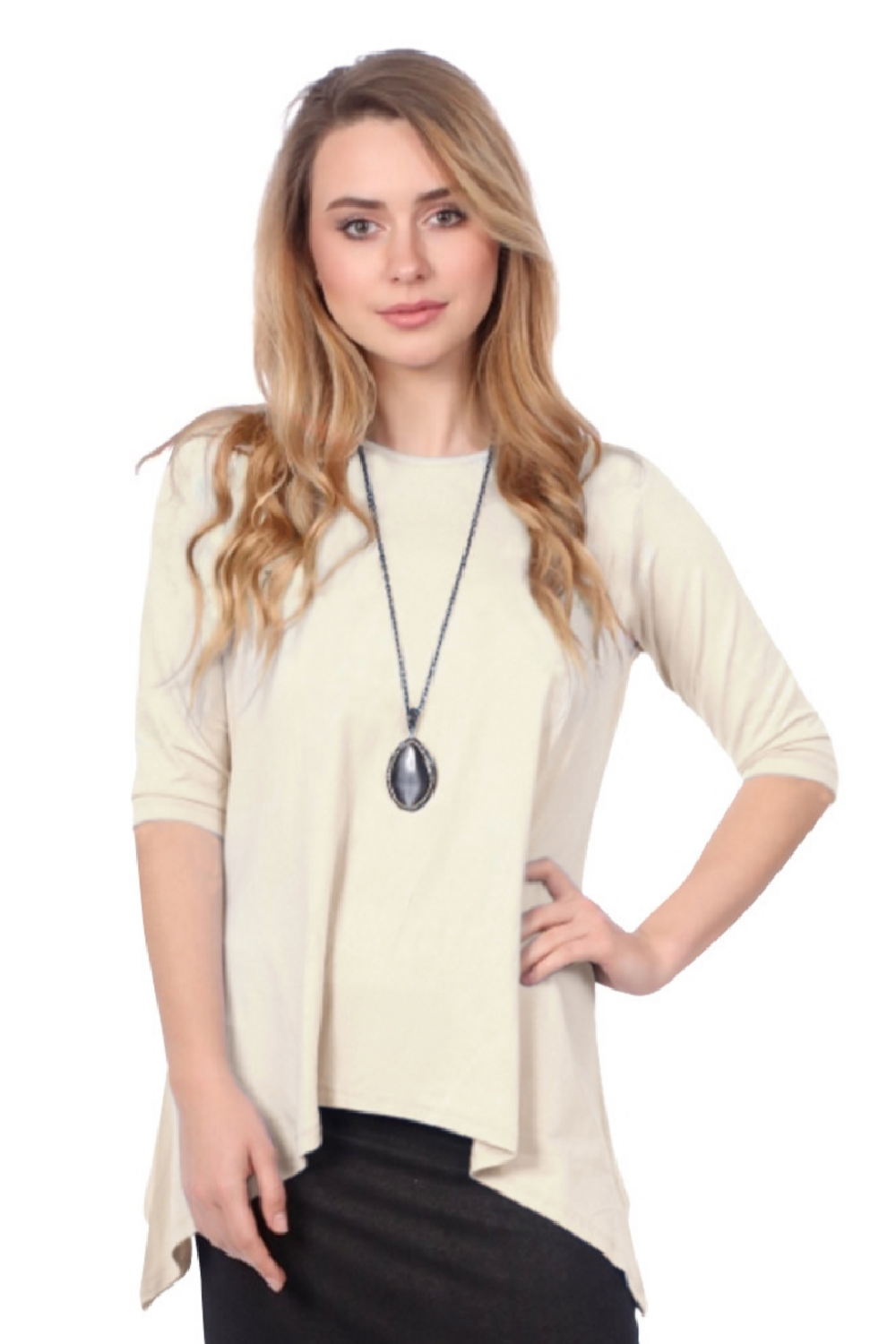 Modest Handkerchief Tunic Top - 3/4 Sleeve Comfort Flow Design by Kosher Casual USA