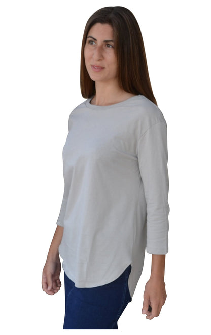 Modest Cotton Tunic with Three-Quarter Sleeves and Extended Back Coverage by Kosher Casual USA