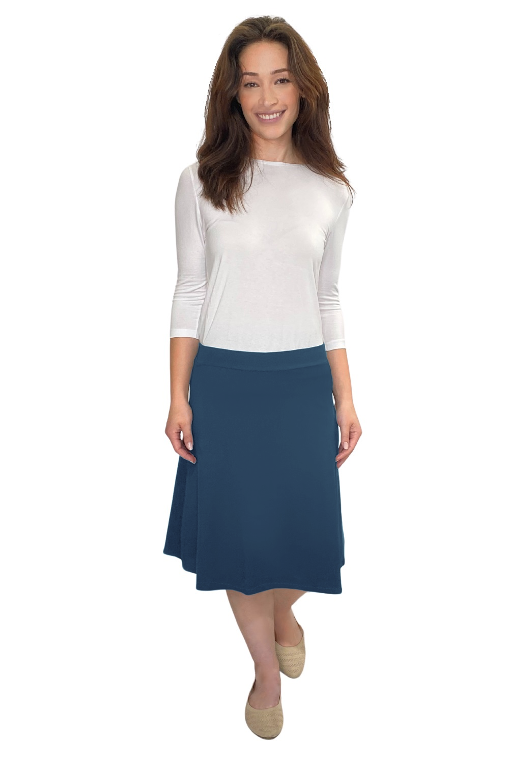 Classic A-Line Knee Length Cotton Stretch Skirt - Modest Everyday Comfort by Kosher Casual USA