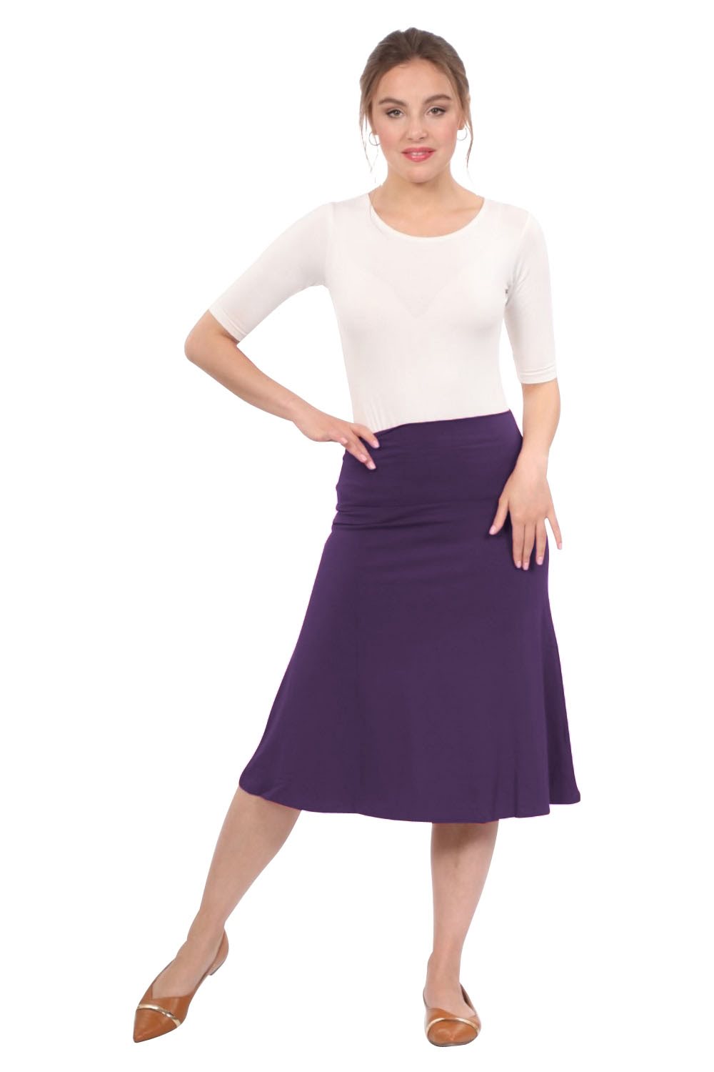 Sleek A-Line Adjustable Waist Midi Skirt with Fold-Over Waistband by Kosher Casual USA