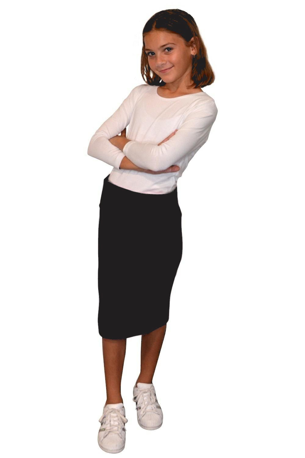 Girls Stretch Knee Length Pencil Skirt in Cotton Spandex by Kosher Casual USA