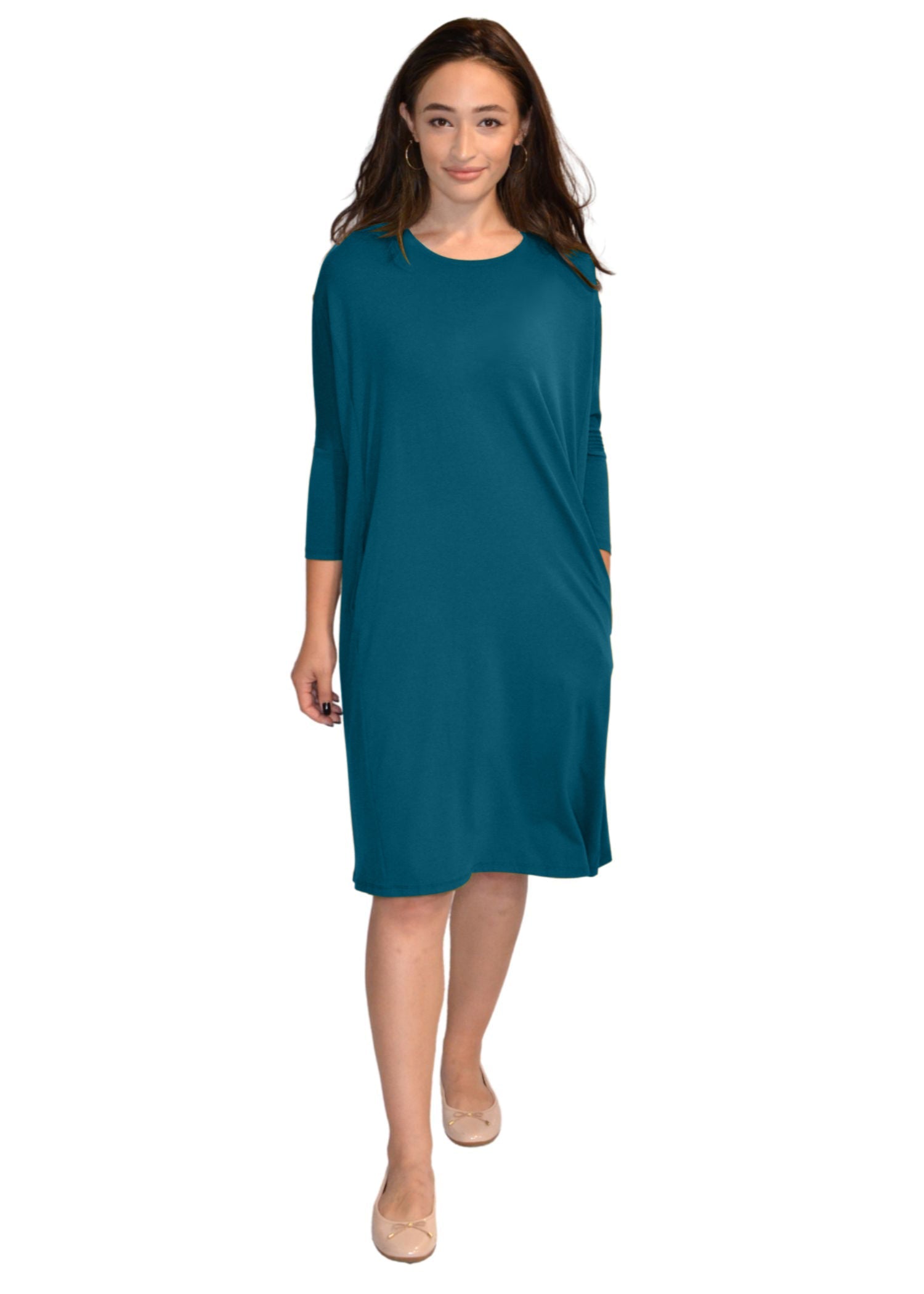 Relaxed Fit Modest 3/4 Sleeve Knee-Length Dress with Pockets by Kosher Casual USA
