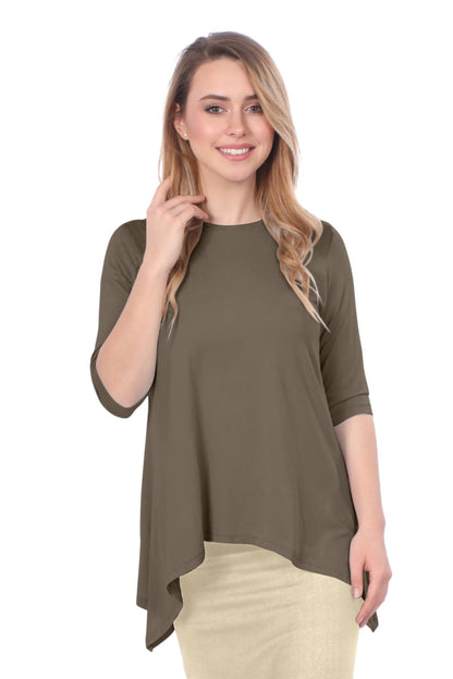 Modest Handkerchief Tunic Top - 3/4 Sleeve Comfort Flow Design by Kosher Casual USA