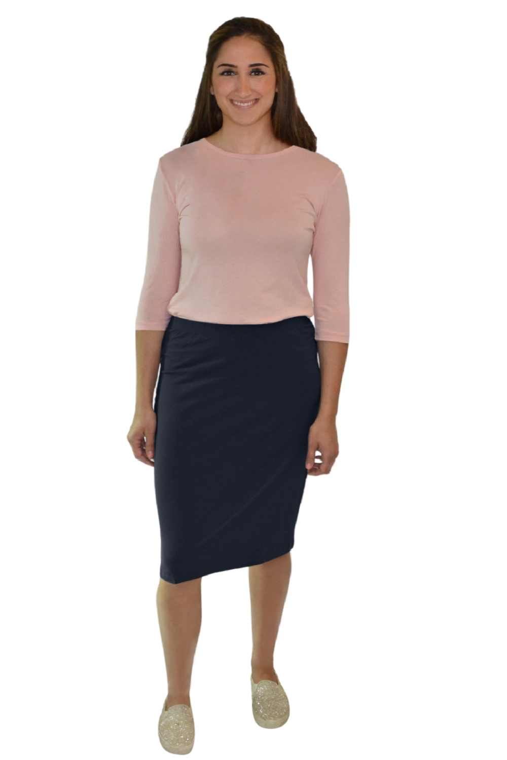 Lightweight Knee-Length Jersey Knit Pencil Skirt with Elastic Waist by Kosher Casual USA