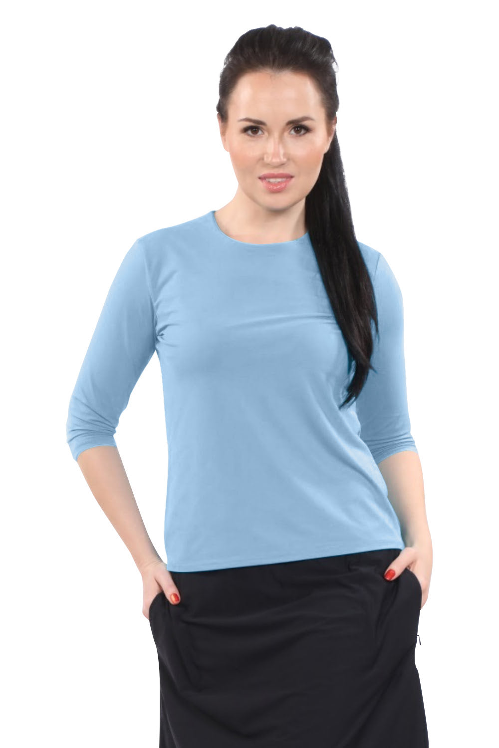 High-Neck Modest 3/4 Sleeve Swim Shirt with UV50 Protection by Kosher Casual USA