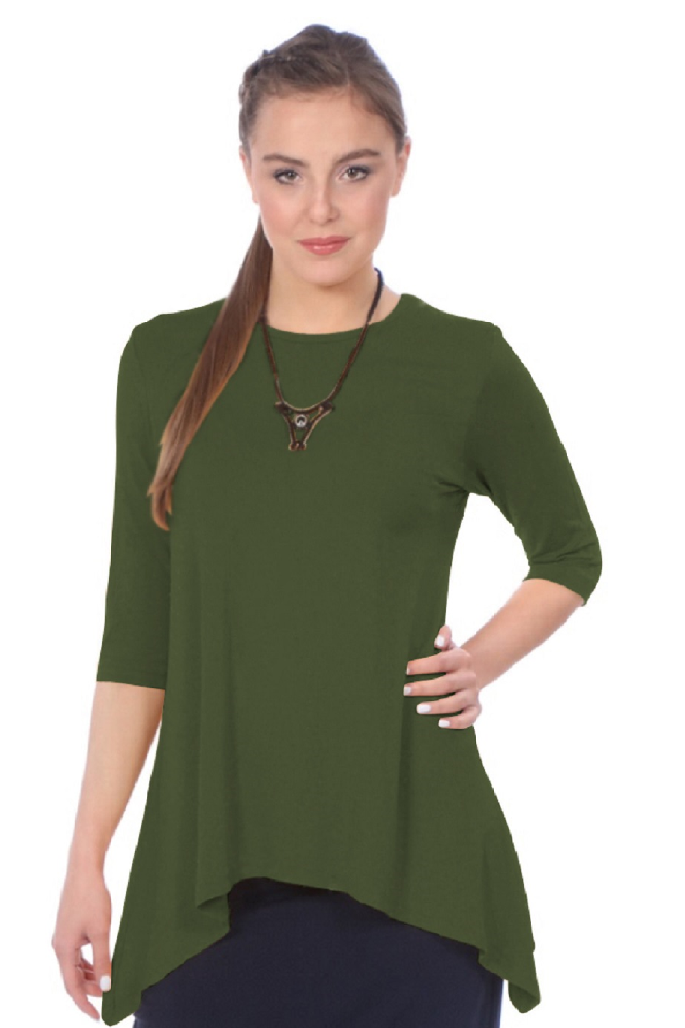 Modest Handkerchief Tunic Top - 3/4 Sleeve Comfort Flow Design by Kosher Casual USA