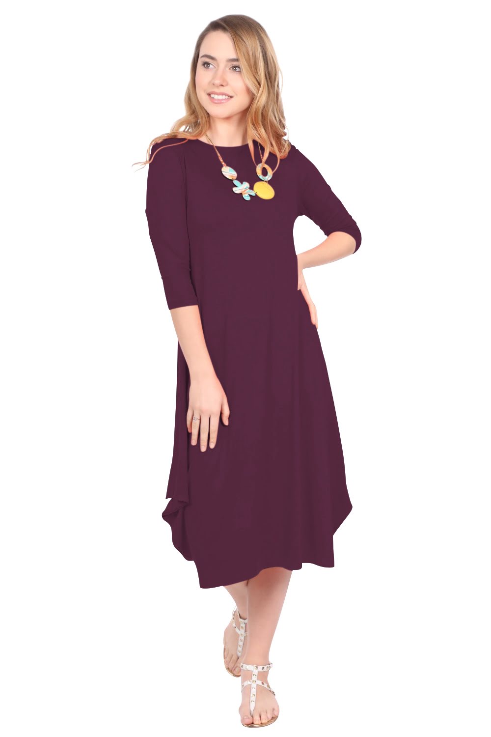 Flowing Midi Dress with 3/4 Sleeves and Dramatic Drape by Kosher Casual USA