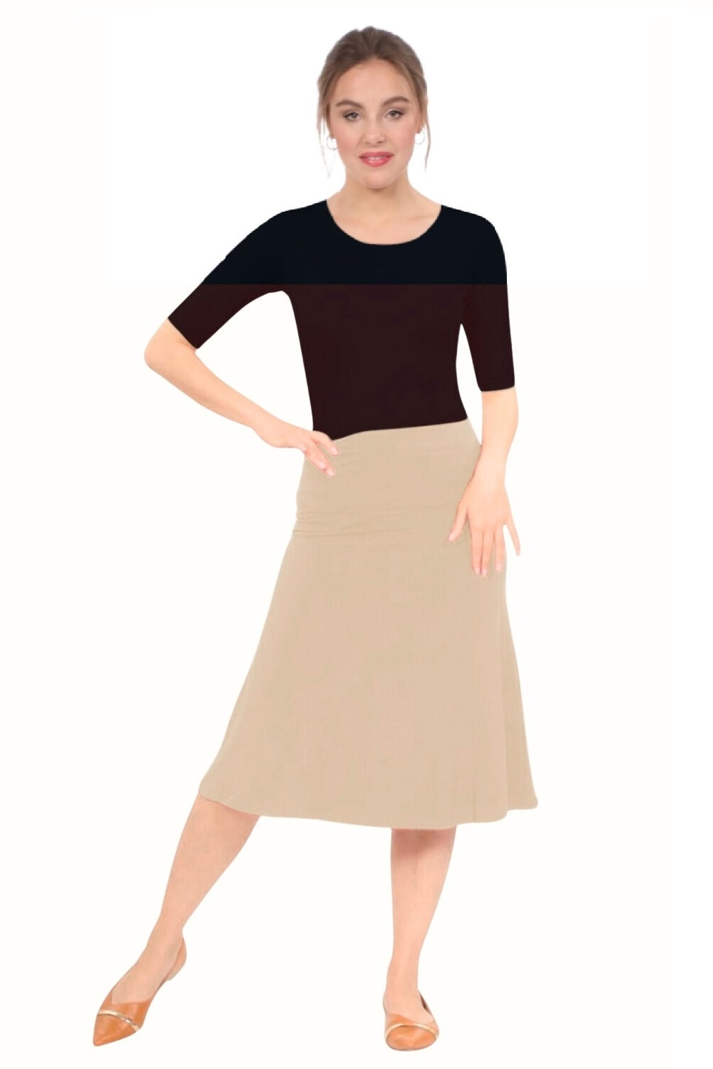 Sleek A-Line Adjustable Waist Midi Skirt with Fold-Over Waistband by Kosher Casual USA