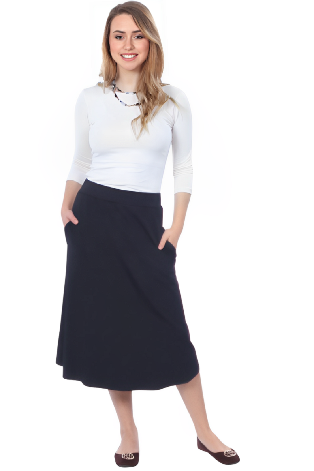 The Perfect A-Line Midi Skirt with Pockets by Kosher Casual USA