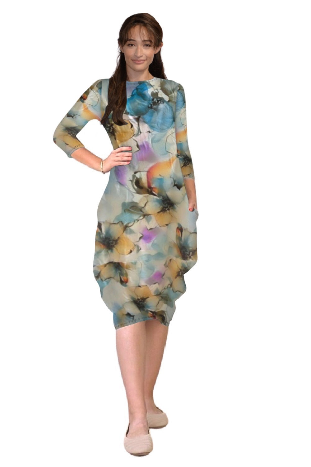 3/4 Sleeve Tulip Cocoon Dress - Mid-Calf Length with Pockets by Kosher Casual USA