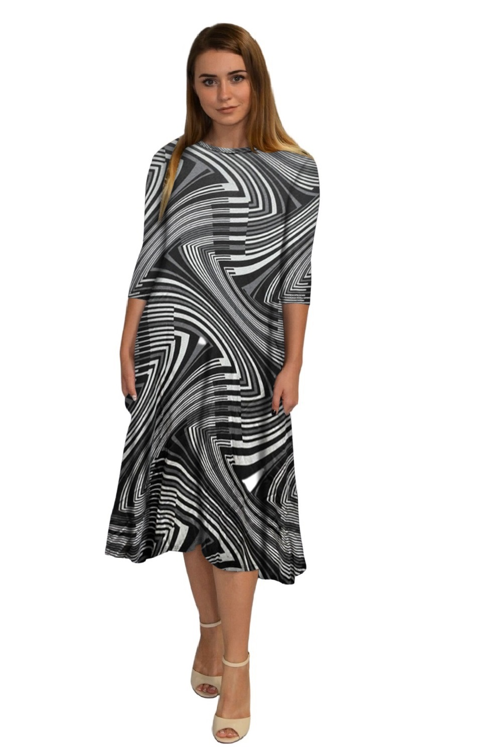 Mid-Calf 3/4 Sleeve Swing Dress with Pockets by Kosher Casual USA