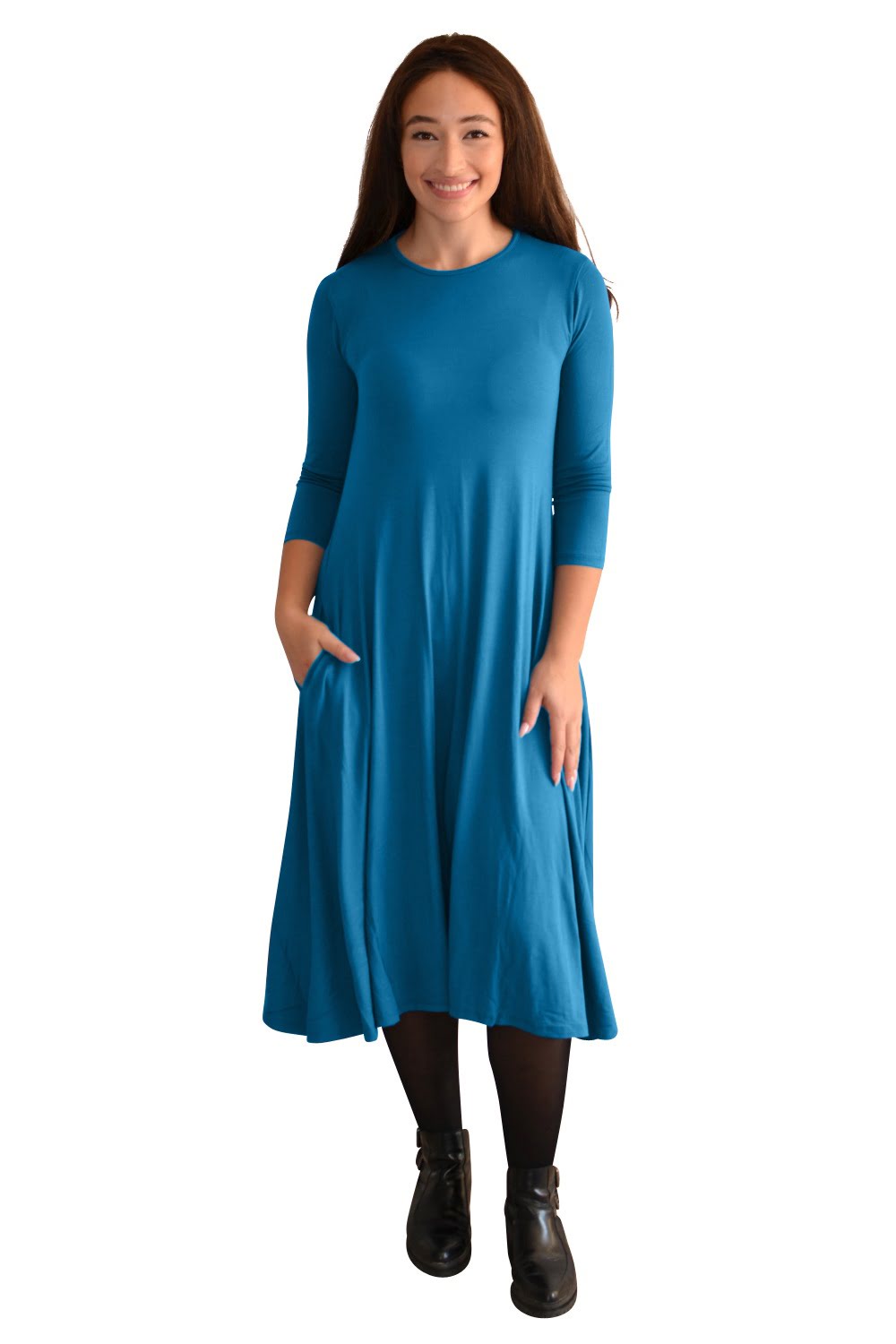 Mid-Calf 3/4 Sleeve Swing Dress with Pockets by Kosher Casual USA