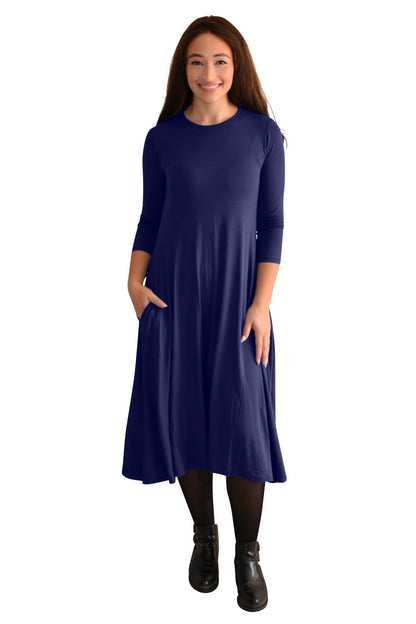 Mid-Calf 3/4 Sleeve Swing Dress with Pockets by Kosher Casual USA