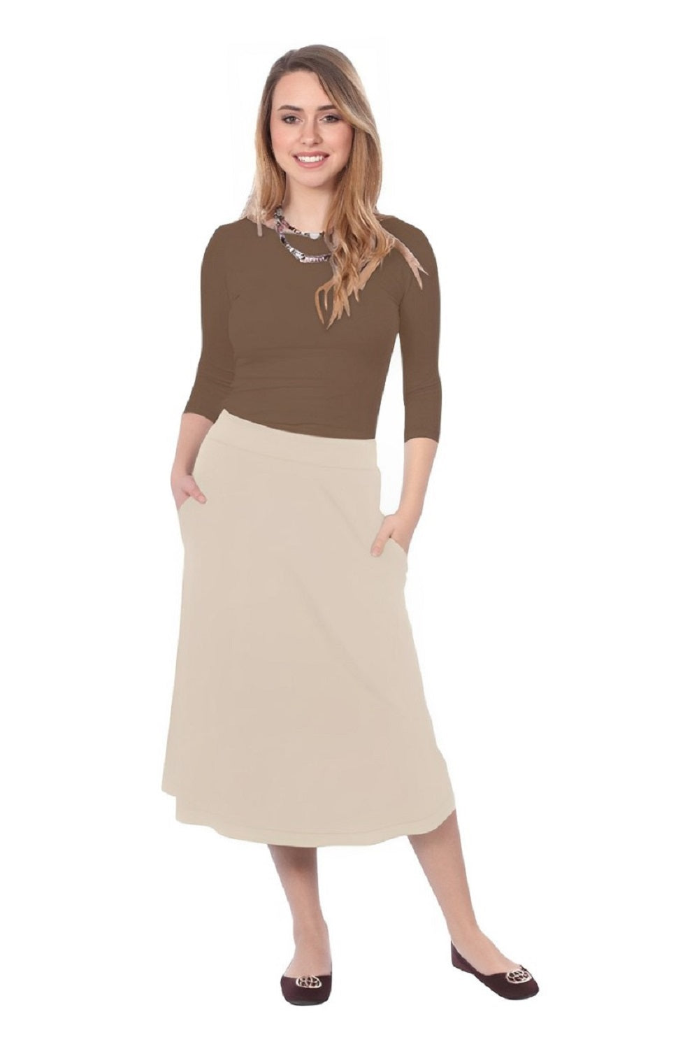 The Perfect A-Line Midi Skirt with Pockets by Kosher Casual USA
