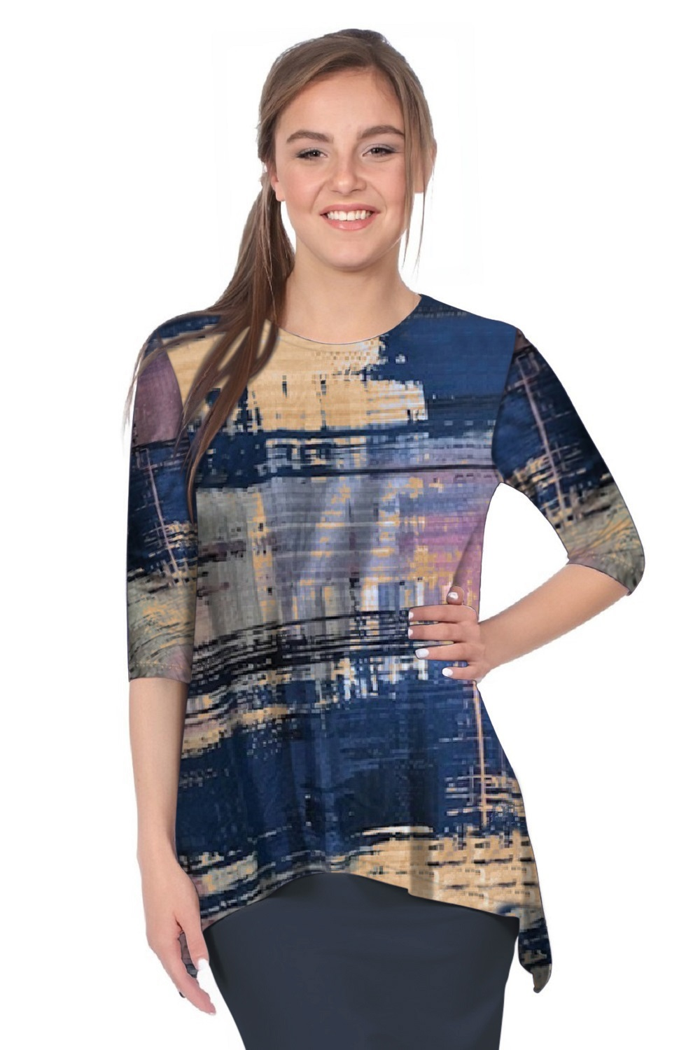 Modest Handkerchief Tunic Top - 3/4 Sleeve Comfort Flow Design by Kosher Casual USA