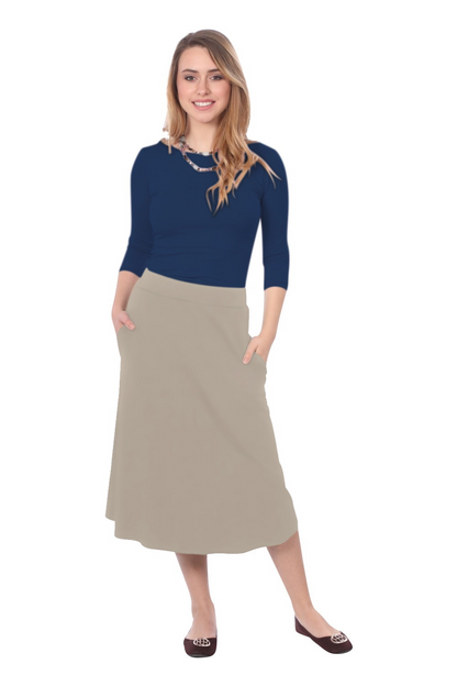 The Perfect A-Line Midi Skirt with Pockets by Kosher Casual USA