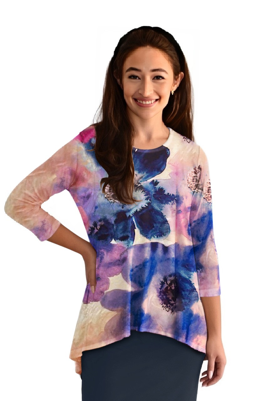 Hi-Lo Flowing 3/4 Sleeve Modest Tunic Top by Kosher Casual USA