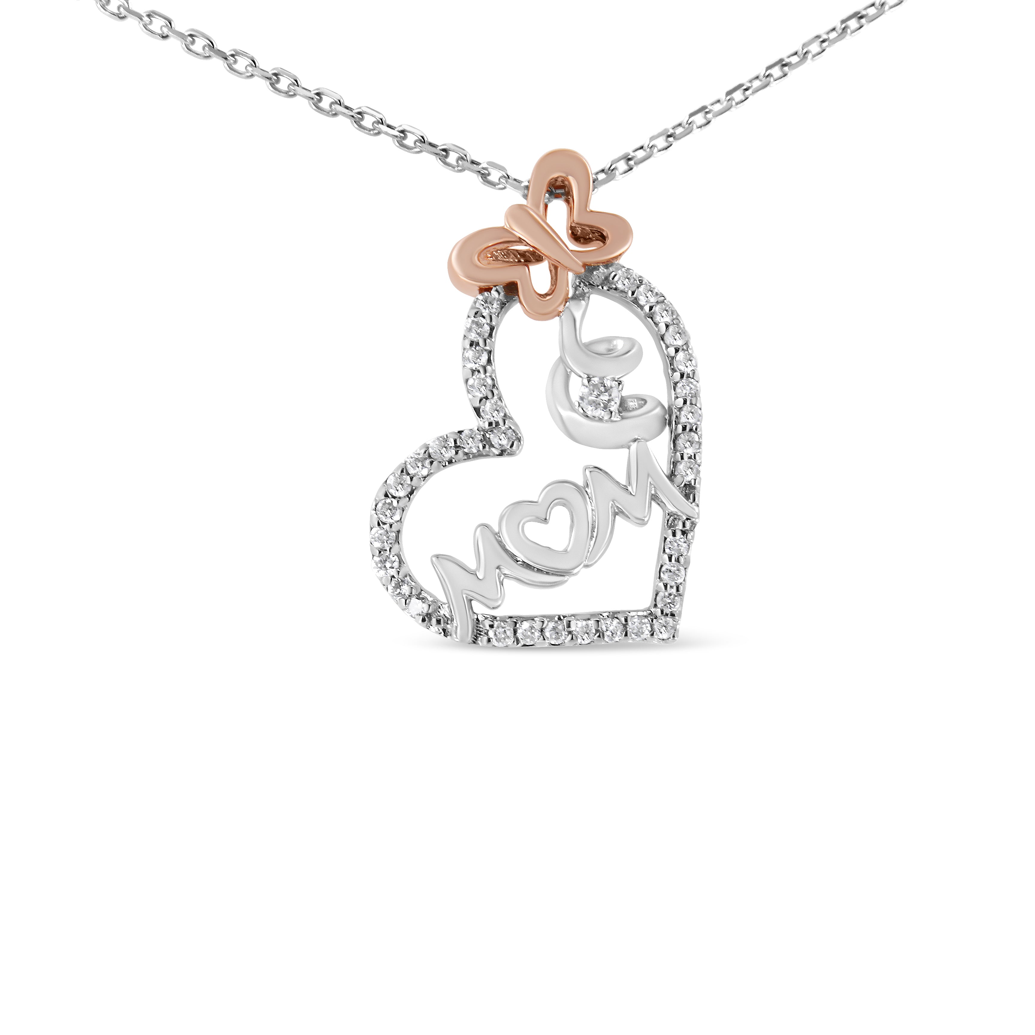 Two Tone .925 Sterling Silver 1/5 cttw Diamond "Mom" and Heart Pendant Necklace (H-I, I1-I2) by Bids.com