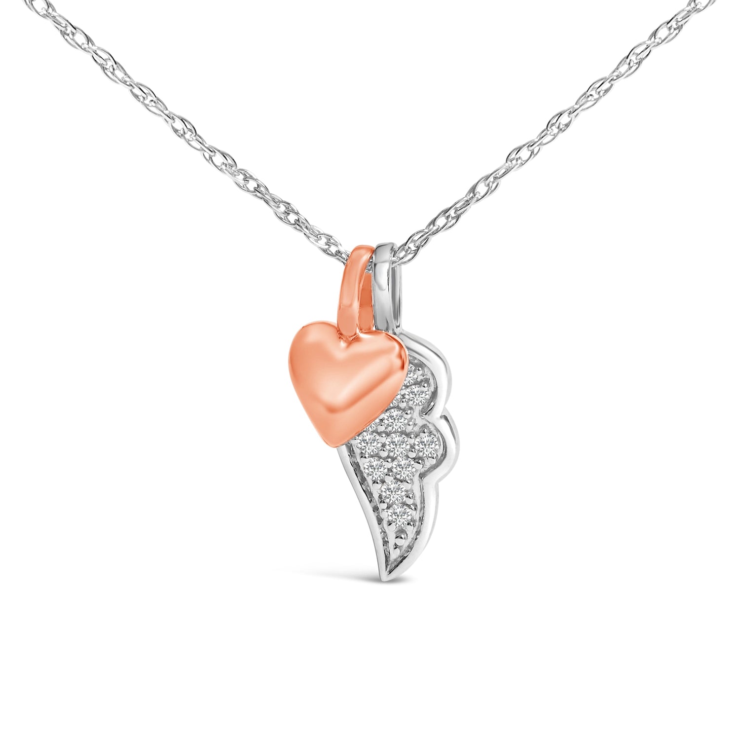 14K Rose Gold Plated Sterling Silver 1/10 Cttw Diamond Heart &amp; Wing Pendant Necklace by Bids.com
